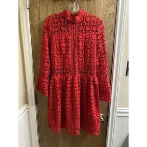 Eilly Bazar Red Women's Medium Lace Dress Lining Insert Mock Neck Flare Sleeve